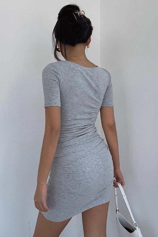 Low Cut Pleated and Asymmetrical Hem Round Neck Short Sleeved Hip Wrap Dress
