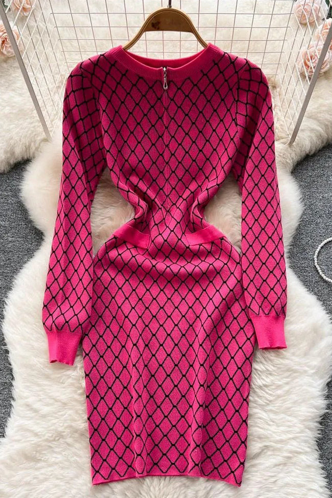 Geometric Knitted Vestidos Casual Zipper O-neck Short Dress