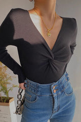 V-neck Long Sleeve Knitted Top
