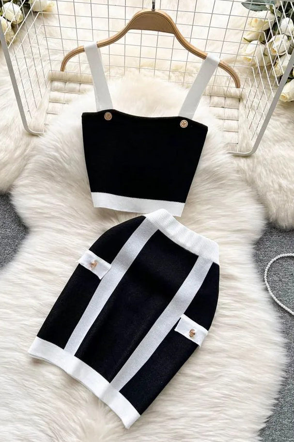 Knitting Two Piece Sets Dress Straps Crop Tops + High Waist Wrap Hips Mini Skirts