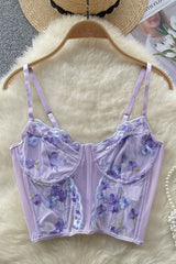 Floral Embroidery Underwear Top Backless Mesh Beach Camisole Female Transparent Lace Short Tank Tops