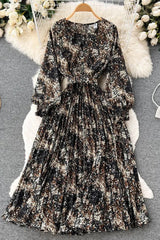 Dress Print Pleated Long Dress Female Elegant Sash Bandage Party Dress