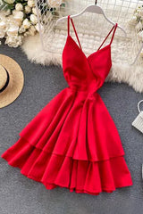 Backless Bow Bandage Beach Dress V-neck Strap Double Ruffles Short Dress