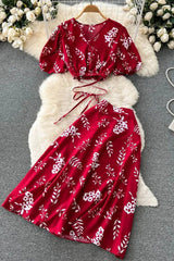 Floral Print Bandage Crop Tops + A-line Knee-length Skirts Two Piece Suits