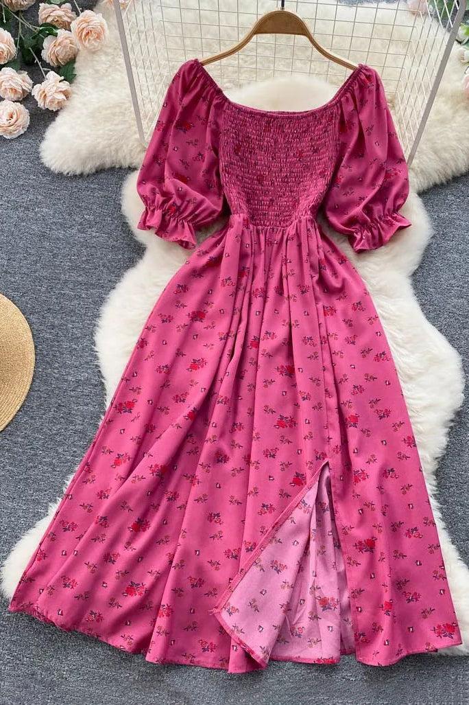 Dress Romantic Floral Print Split Long Dress