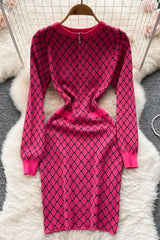 Geometric Knitted Vestidos Casual Zipper O-neck Short Dress