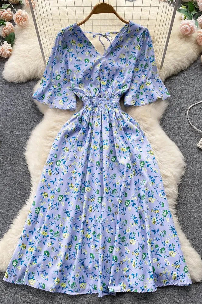 Floral Print Romantic Dress Slim Elastic Waist Long Dress