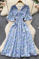 Floral Print Romantic Dress Slim Elastic Waist Long Dress