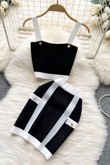 Knitting Two Piece Sets Dress Straps Crop Tops + High Waist Wrap Hips Mini Skirts