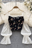 Floral Print Blouse Patchwork Flare Sleeve Elastic Waist Female Backless Short Tops