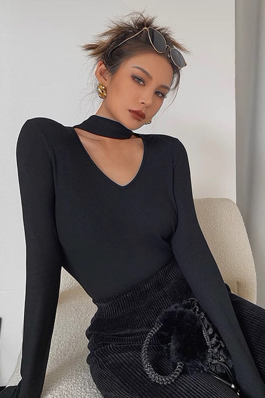 Hanging Neck Long Sleeve Underlay Elastic Top