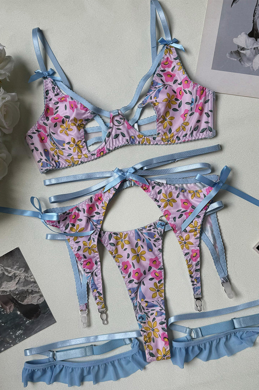Floral Hollow Crisscross Strappy Underwear Lingerie Set