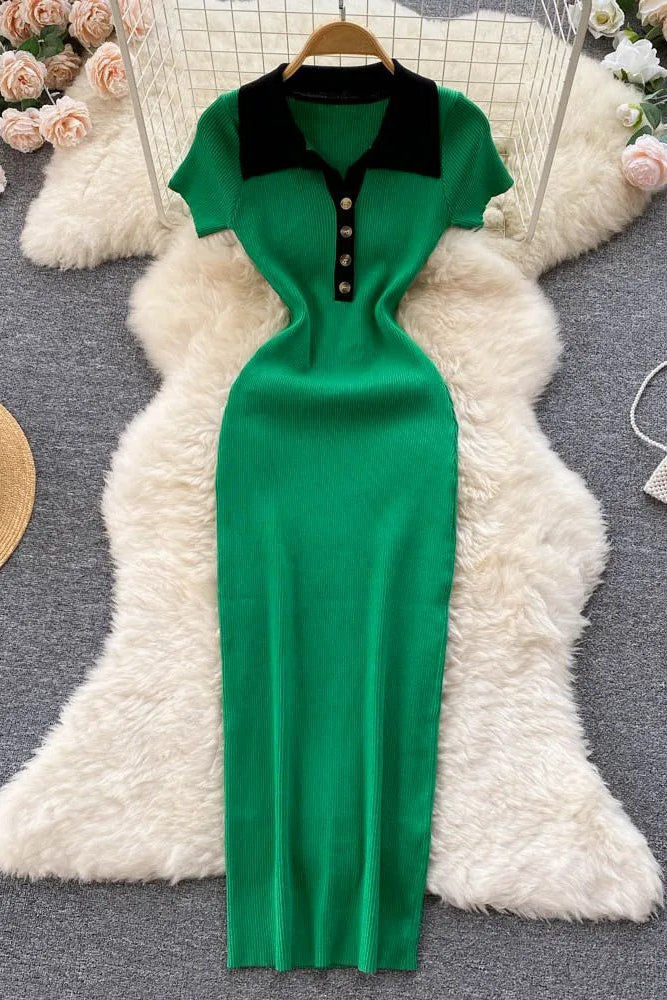Dress Short Sleeve Slim Knitted Sweater Dress Casual Polo Buttons Long Dress