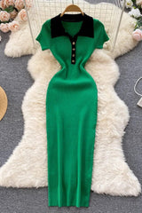 Dress Short Sleeve Slim Knitted Sweater Dress Casual Polo Buttons Long Dress
