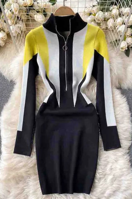 Knitted Sweater Dress Europe Style Zipper Collar Long Sleeve Casual Dress