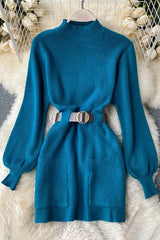 Sash Bandage Dress Elegant Puff Sleeve Knitted Short Dress