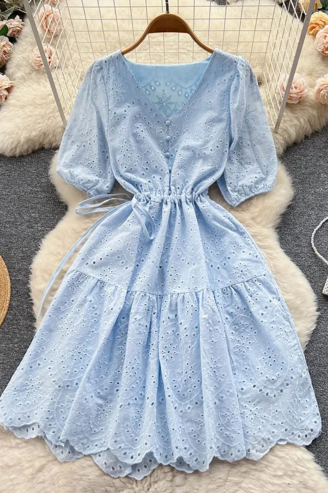 Dress Romantic Hollow Out Puff Sleeve Dress Elegant Buttons V-neck Lady Dress
