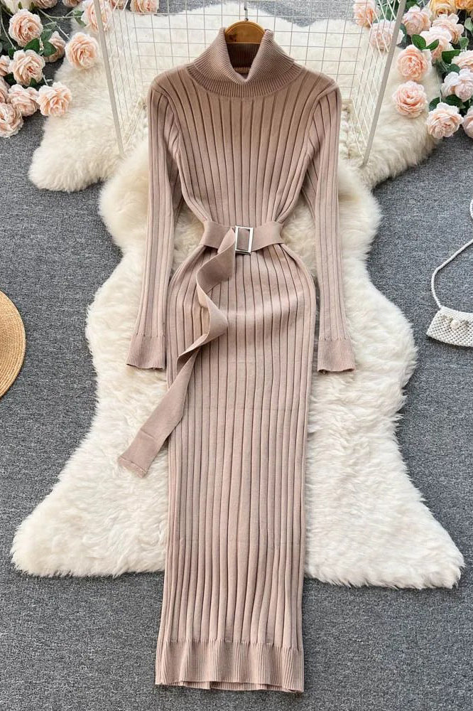 Dress Elegant Turtleneck Knitted Sweater Dress with Belt Lady Wrap Hips Bodycon