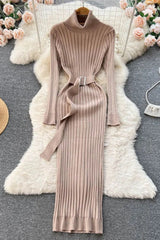 Dress Elegant Turtleneck Knitted Sweater Dress with Belt Lady Wrap Hips Bodycon