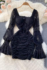 Elegant Dresses Lace Patchwork Lantern Long Sleeve Square Collar Femme Vestido See Through Dress