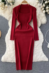 Elegant Dress Square Collar Knitted Bodycon Long Dress