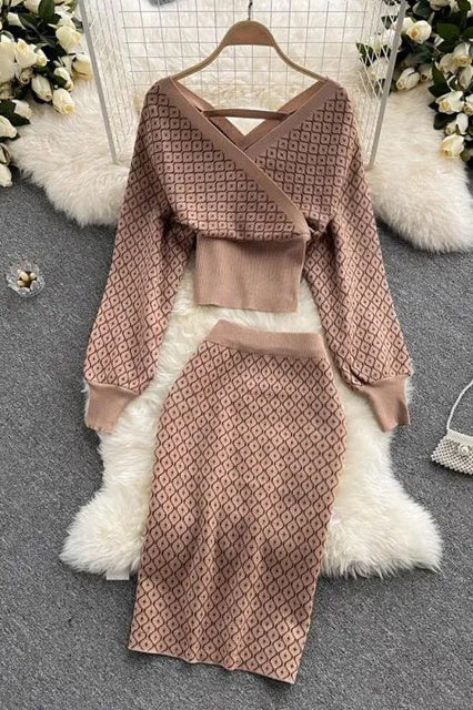 Comfy Dress Elegant Two Piece Set Knitted Tops And Pencil Skirts