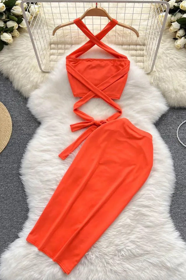 Holiday Beach Two Piece Suits Bandage Short Tops + Skinny High Waist Wrap Skirts