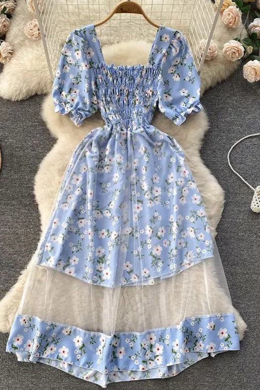Dress Romantic Floral Print Mesh Patchwork Fake Two Piece Set