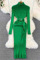 Long High Split Knit Dress Ladies Elegant Sweater Dress