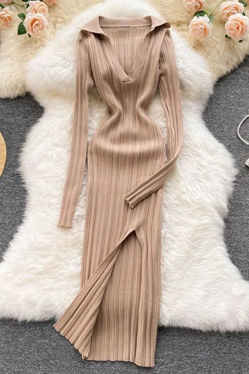 Split Fancy Dress Slim Elastic Wrap Hips Knitted Dress