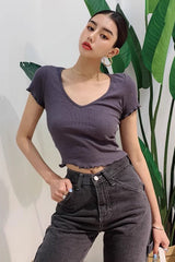 High Waist Top Elastic Tight V-Neck Short Sleeve T-Shirt