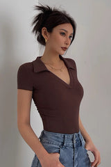 Deep V-Lapel Short Sleeved Low Cut Top
