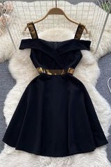 Sequins Off Shoulder Dress Backless Zipper Strap Slash Neck Slim Ladies A Line Mini Dresses