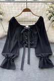 Bandage Gothic Tops Lantern Sleeve Short Blouse Shirts
