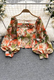Floral Print Blouse Square Neck Long Lantern Sleeves Top Ladies Beach Vintage Blouse