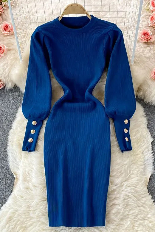 Dress Elegant Puff Sleeve Slim Elastic Knitted Sweater Dress