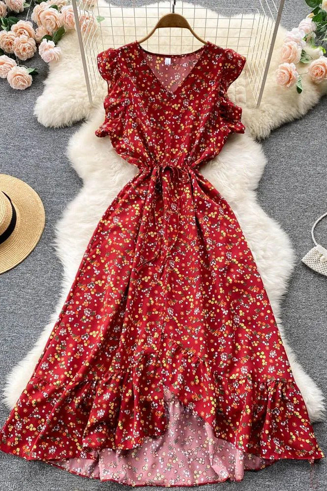 Floral Print Dress Casual Ruffled Elastic Waist Asymmetrical Long Dress