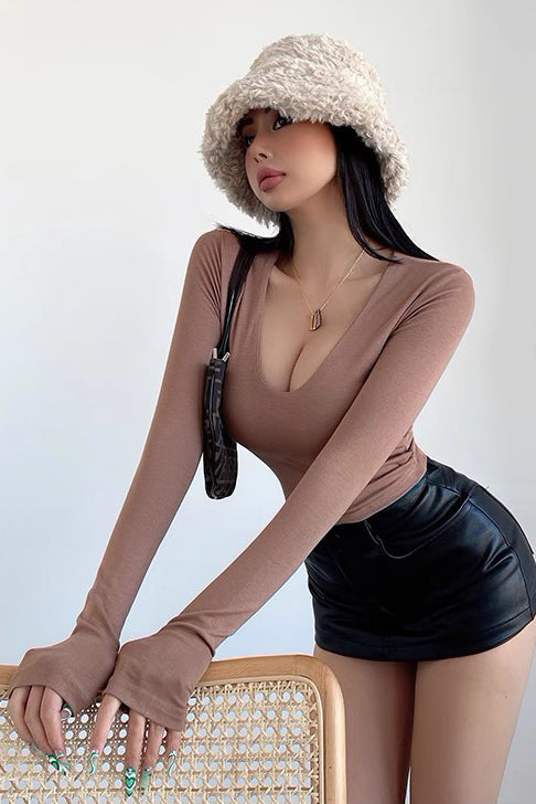 Round Neck Tight T-Shirt Low Cut Slim Fit Long Sleeve Top