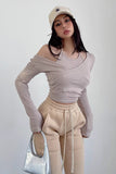 Cross Wrapped Chest Long Sleeve T-Shirt Hanging Neck Fake Two Piece Top