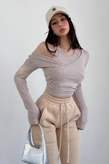 Cross Wrapped Chest Long Sleeve T-Shirt Hanging Neck Fake Two Piece Top