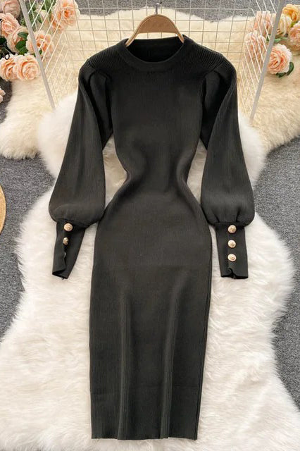 Elegant Buttons Puff Sleeve Dress O-Neck Knit Dress