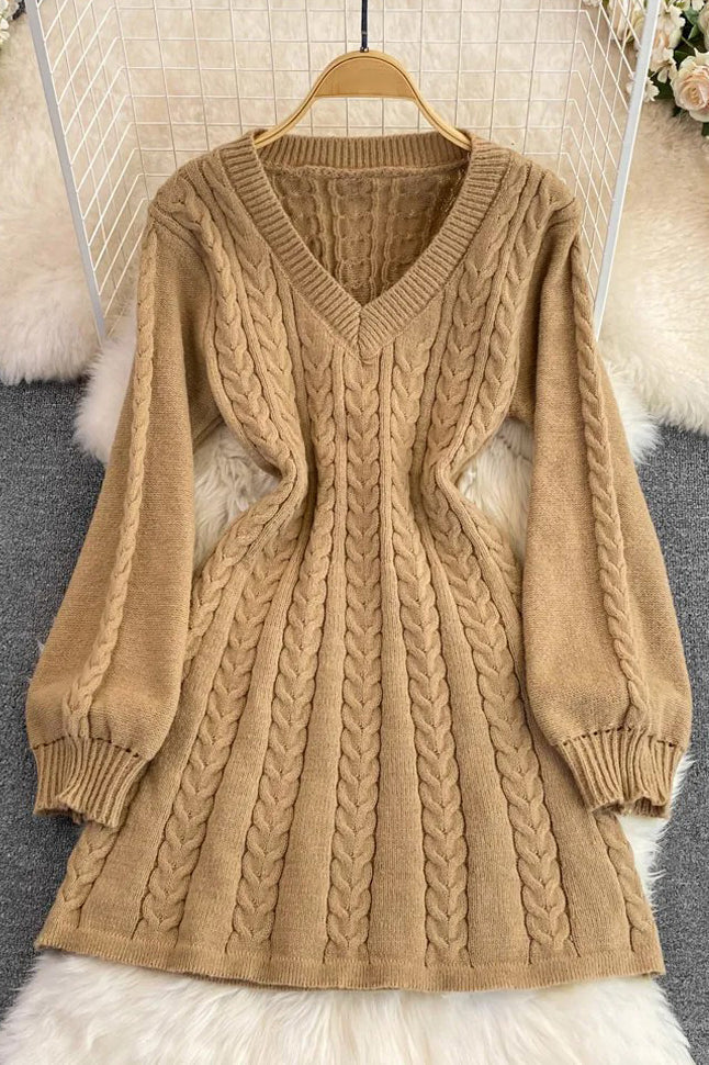 Knitted Dress Elegant Puff Sleeve A-line Short Dress