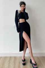 Open Umbilical Back Hanging Neck Tank Top Split Half Skirt Sunscreen Long Sleeve Cardigan Three Piece Set