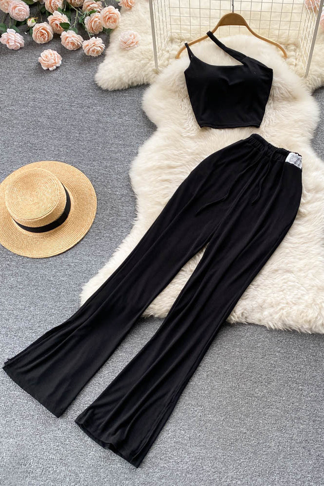 Crop Tops + High Waist Bandage Long Pants Beach Two Piece Suits