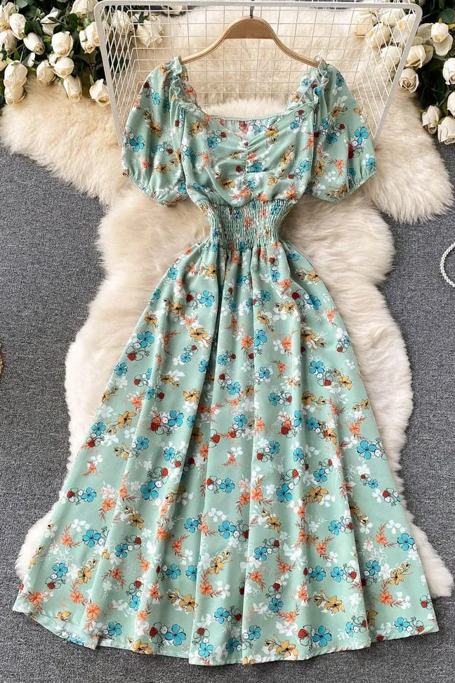 Dress V-Neck Puff Sleeve Floral Print Elastic Corset Dress