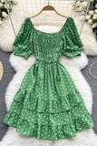 Elegant Cascading Ruffles Dress Vintage Puff Sleeve Print Polka Dot Short Party Dress