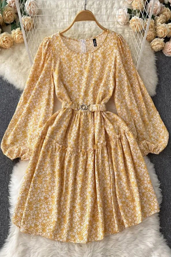 Elegant Lantern Sleeve Print Floral Casual A-line Dress With Belt
