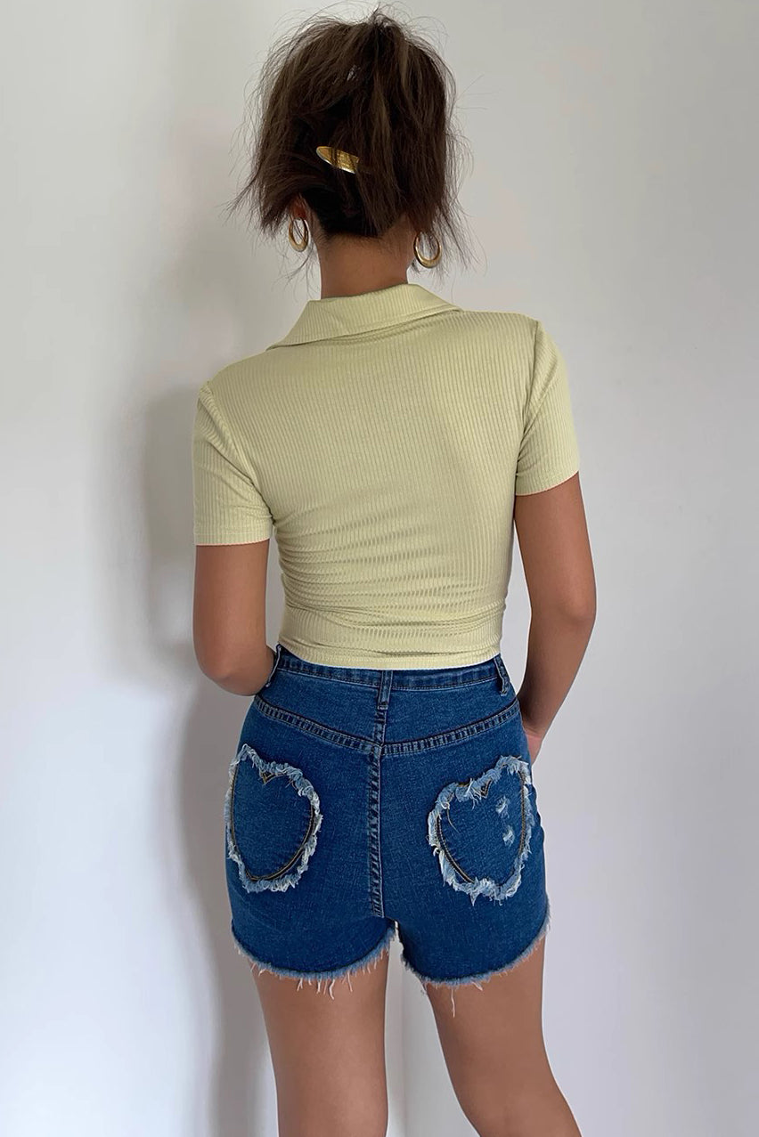 High Waist Heart Shaped Back Pocket Wrapped Hip Denim Shorts