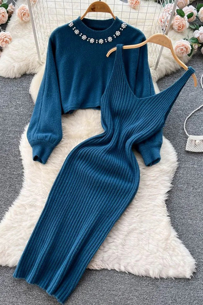 Elegant Pearl O-neck Knitted Sweaters + Strap Dress Two Piece Suits
