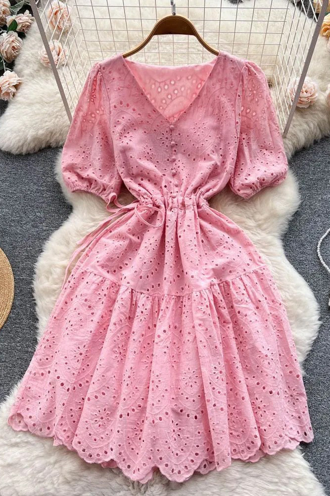 Dress Romantic Hollow Out Puff Sleeve Dress Elegant Buttons V-neck Lady Dress